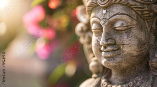 Close-up of a statue of a deity with abstract, detailed features and soft lighting