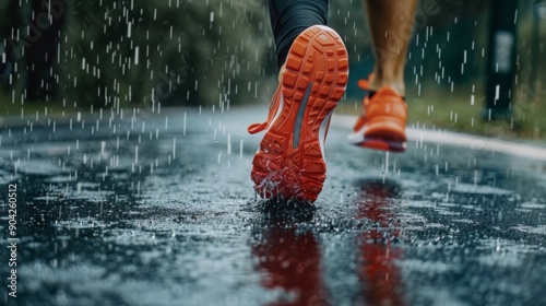 Closeup of running sneaker shoe on legs or feet of a male athlete jogging outdoors on a wet asphalt road street with rain fallin photo