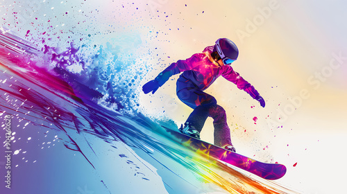 Abstract illustration of a snowboarder sliding down the slope on a snowboard at high speed. Giant slalom from a ski slope. Sport discipline. Winter sport discipline