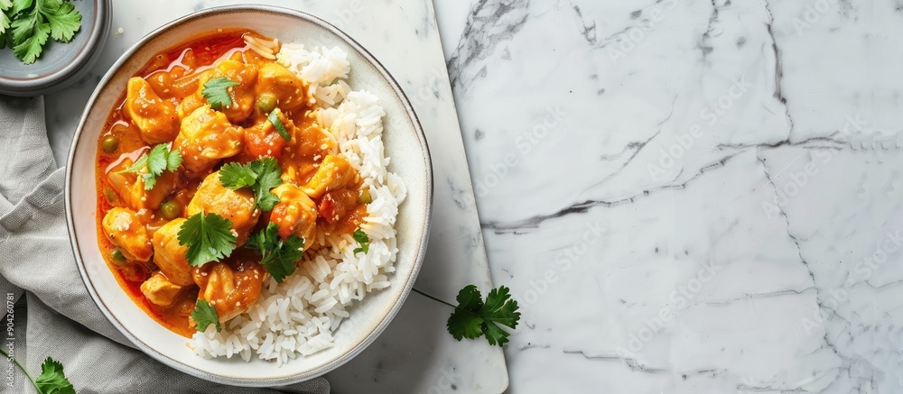Chicken masala curry served with homemade rice ideal for fitness and weight loss displayed in a copy space image Chicken masala curry served with homemade rice ideal for fitness and weight loss displayed in a copy space image