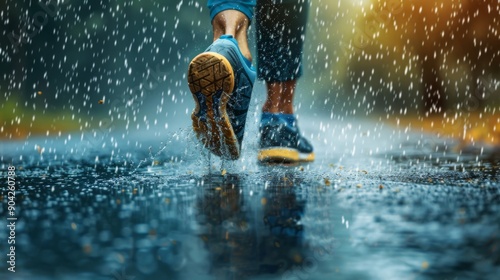 Closeup of running sneaker shoe on legs or feet of a male athlete jogging outdoors on a wet asphalt road street with rain fallin photo