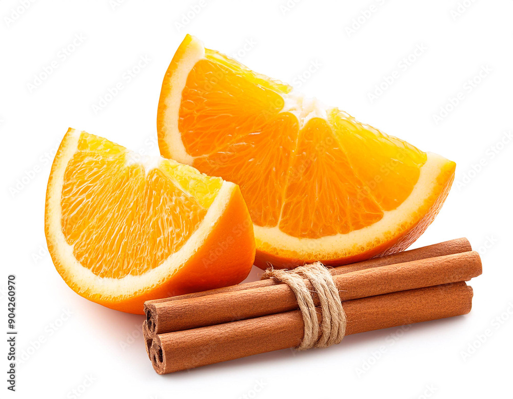 Φωτογραφία Orangen stücke mit Zimtstangen isoliert auf weißen Hintergrund, Freisteller