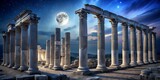 Ancient ruins illuminated by moonlight