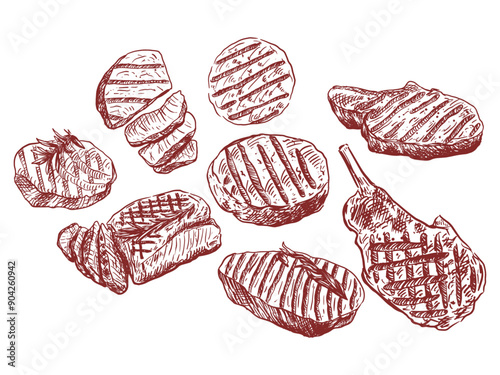 Beefsteaks hand drawn vector illustration set. Engraved sketches of meat steak, ribeye, striploin for restaurant menu, recipe or grill concepts