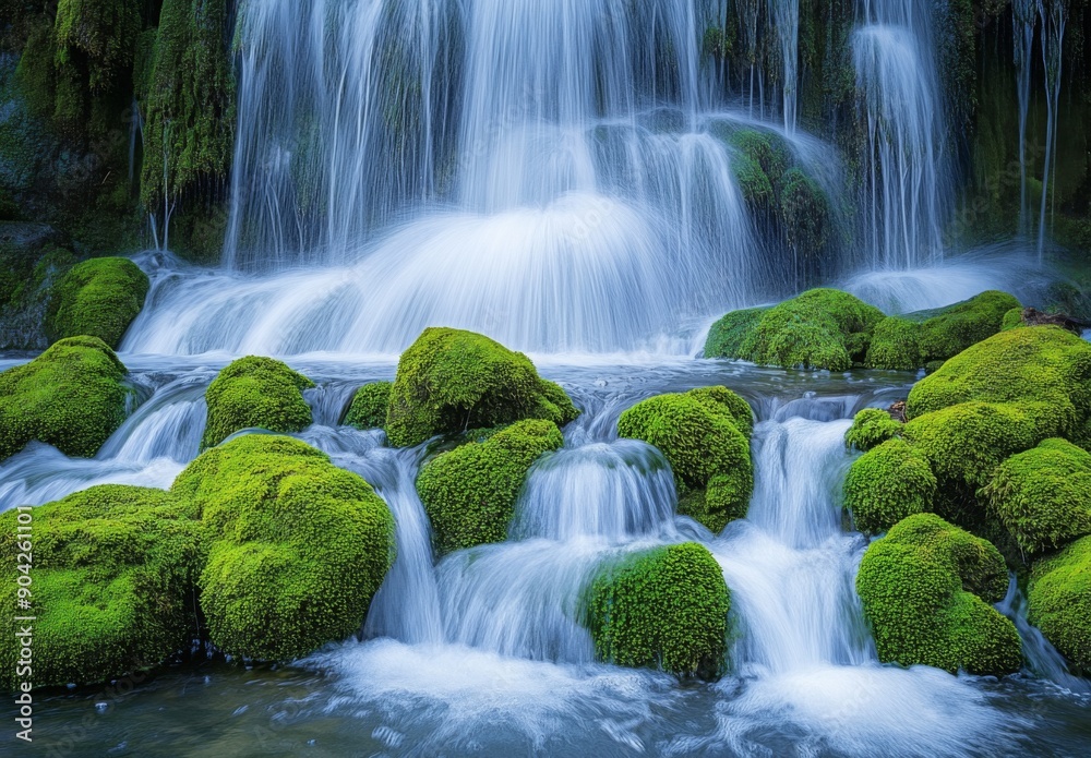 Fototapeta premium Detailed shot of a waterfall with water tumbling over moss covered rocks, highlighting the texture and flow