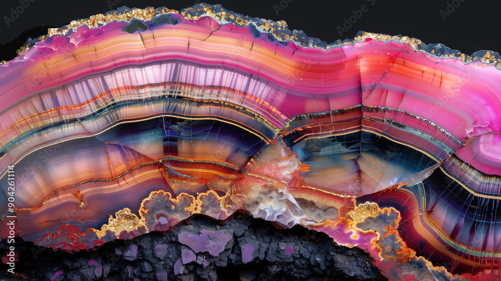 Obraz premium Vibrant layers of agate stone with rich colors on dark background