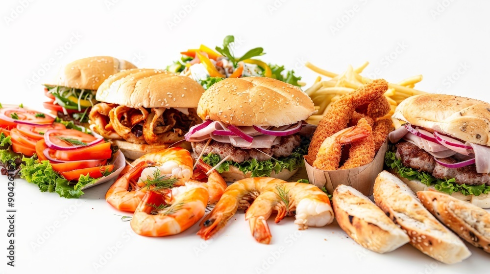 Luscious fast food arrangement featuring everything from sandwiches to prawns, captured in high resolution on white Luscious fast food arrangement featuring everything from sandwiches to prawns, captured in high resolution on white
