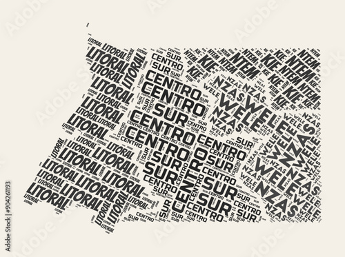 Equatorial Guinea Word Cloud. Country with regions division. Equatorial Guinea typographic text clouds vector image design. Vintage gazette style country shape image. Vibrant vector illustration.