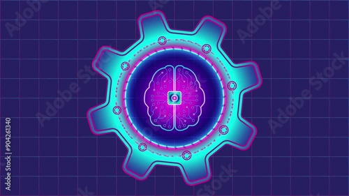 An animation of Artificial Intelligence in a neon style, featuring a brain with electrical circuit nervous system, gears, and a futuristic light. Suitable for topics related to Machine Learning
