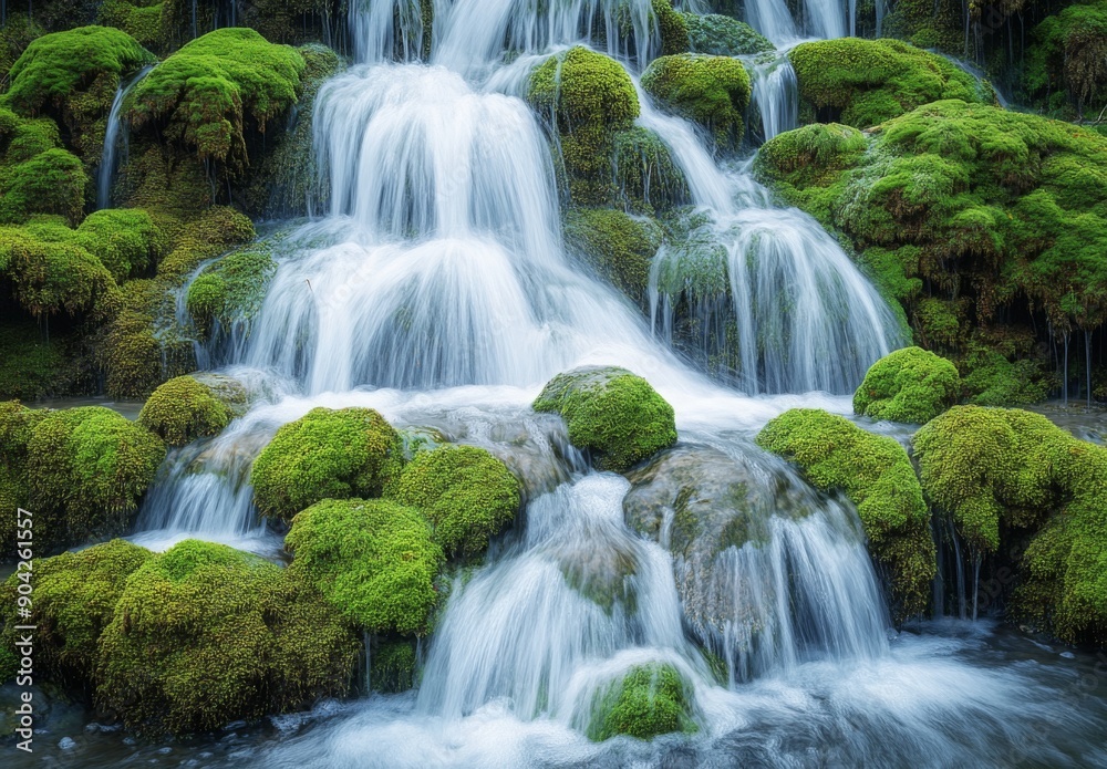 Obraz premium Detailed shot of a waterfall with water tumbling over moss covered rocks, highlighting the texture and flow