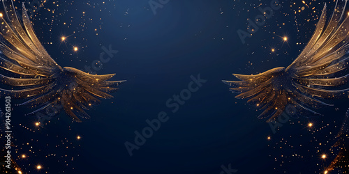 Navy blue background with golden angel wings glittering stars the center frame Golden Wings and Glittering Stars Concept