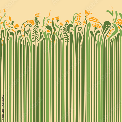 Abstract floral square background with flowers with a long stem, footstalk and copy space for banner, social media, postcard, contemporary art in bauhaus, groovy style