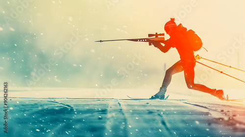 Winter Olympic Games 2026 in Milan and Cortina d'Ampezzo. Winter biathlon combined with shooting. Abstract illustration silhouette of a biathlete on skis with a rifle while shooting at a target. photo