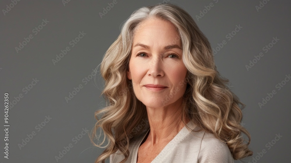Fototapeta premium Graceful senior woman with long wavy gray hair. Elegant elderly lady with a serene smile. Studio portrait on a neutral gray background.