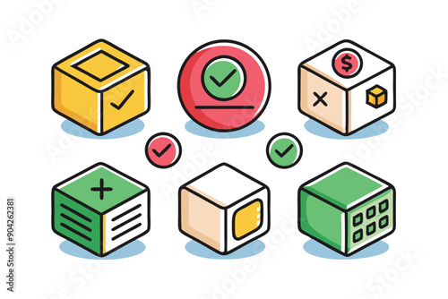 Colorful Cubes with Checkmarks, Plus Signs, and a Dollar Sign photo