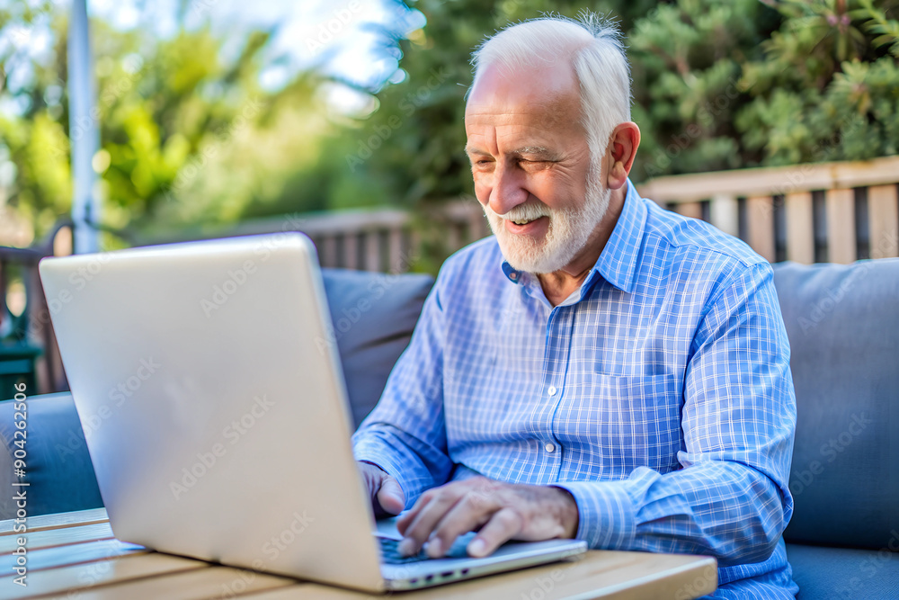An old man is doing a computer search An old man is doing a computer search