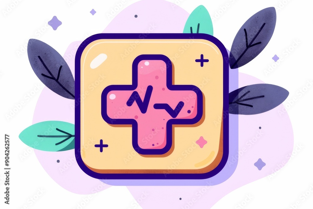 Medical App Icon with Cross and Leaf Elements on Purple Background Medical App Icon with Cross and Leaf Elements on Purple Background