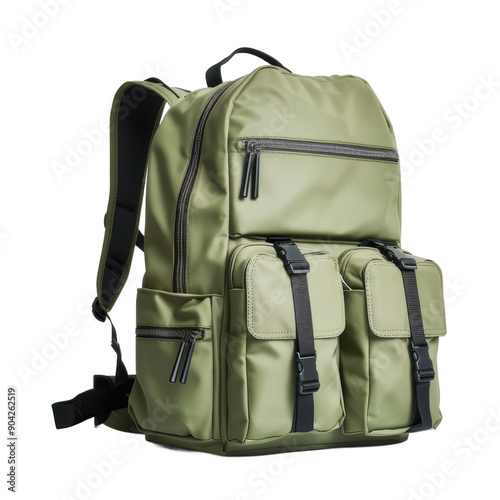 Classic army green multi pocket backpack set in different colors isolated on transparent background PNG