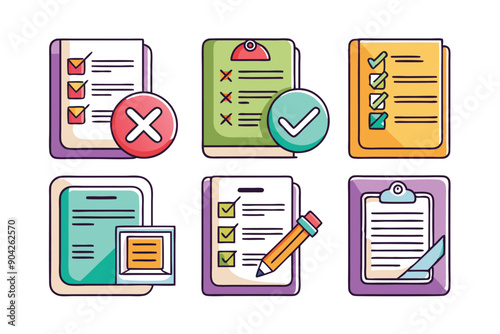Colorful Checklist Icons with Checkmarks, Crosses, and a Pencil