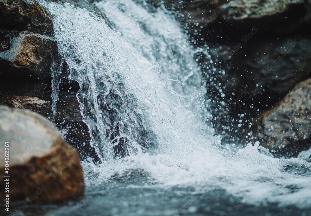 A close up view of a waterfall with crystal-clear water cascading over rugged rocks, capturing the motion and splashes in detail