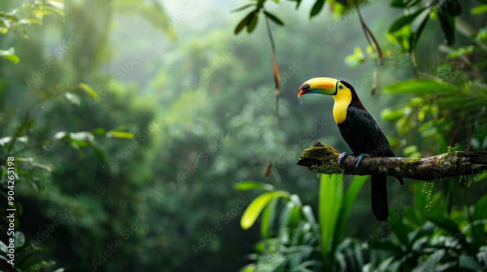 Wildlife in action as a toucan perches alertly on a branch, surrounded by the dense green canopy of a rainforest Wildlife in action as a toucan perches alertly on a branch, surrounded by the dense green canopy of a rainforest