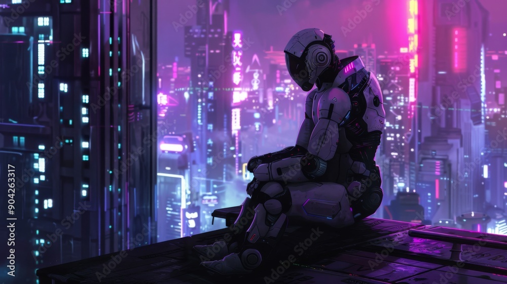 Cyborg robot sitting on rooftop in a futuristic cyberpunk neon city at night. Copy space, sci-fi science fiction fantasy digital Cyborg robot sitting on rooftop in a futuristic cyberpunk neon city at night. Copy space, sci-fi science fiction fantasy digital