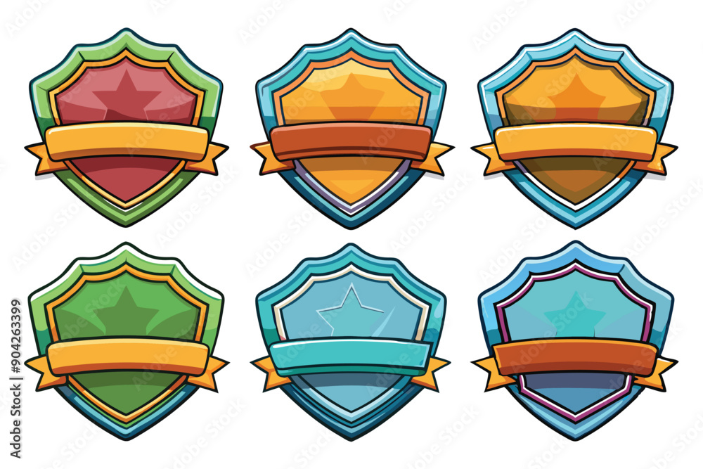 Six Cartoon Shields with Stars and Ribbons Six Cartoon Shields with Stars and Ribbons