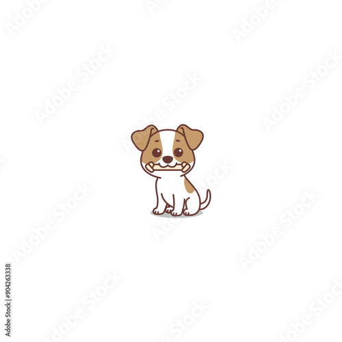 Cute jack russell puppy holding toy in mouth and sitting cartoon, vector illustration