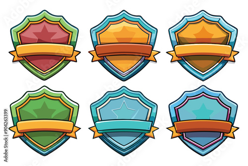 Six Cartoon Shields with Stars and Ribbons