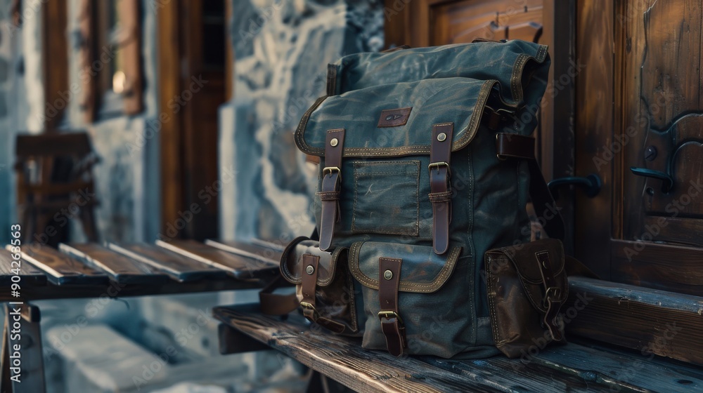 A fashionable backpack with multiple compartments sits on a wooden table next to a stone building, perfect for outdoor adventures A fashionable backpack with multiple compartments sits on a wooden table next to a stone building, perfect for outdoor adventures