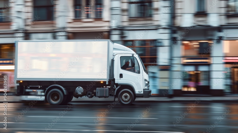 Empty blank white mockup on the small truck vehicle driving through the city street, template for advertisement. Commercial Empty blank white mockup on the small truck vehicle driving through the city street, template for advertisement. Commercial