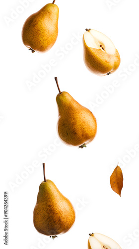 Falling whole pears isolated on white background, full depth of field, transparent png background