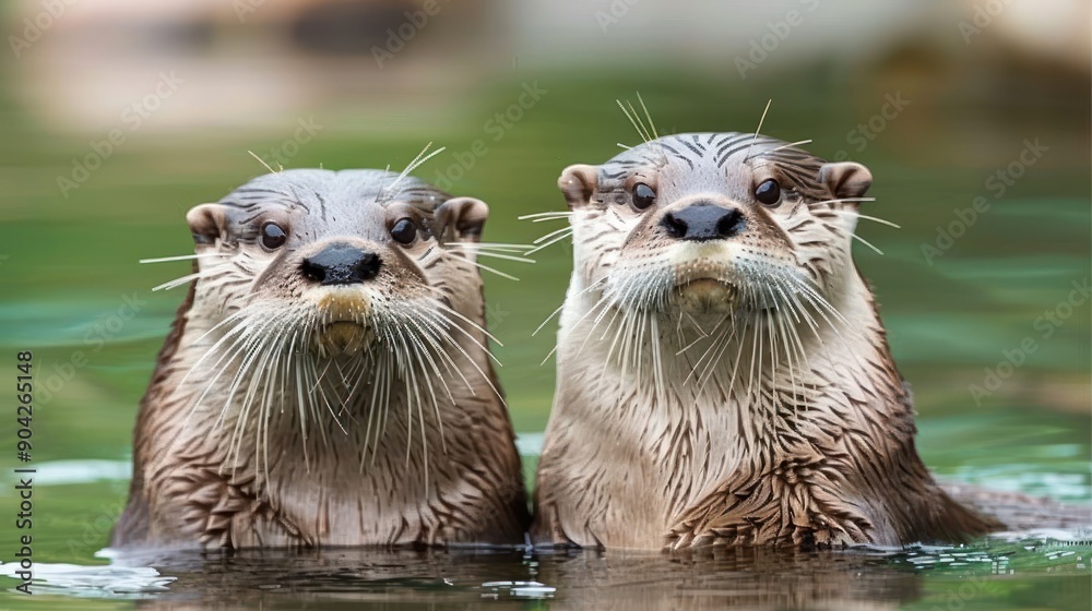 Two Curious Otters Emerging from Water. Two Curious Otters Emerging from Water.