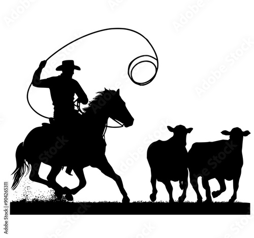 Cowboy riding a horse roping cows silhouette
