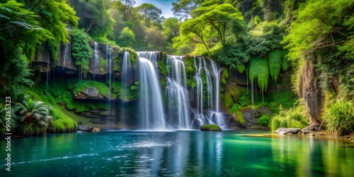 Secluded waterfall cascading into tranquil lake surrounded by lush greenery Generative AI, nature