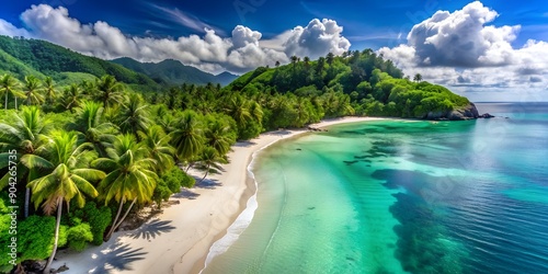 Fototapeta Naklejka Na Ścianę i Meble -  Tropical paradise with lush green forests, white sandy beaches