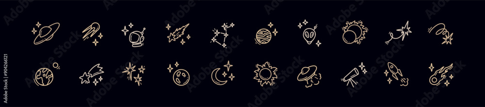 Fototapeta premium Doodle outer space cosmic icons set. Planets, constellation, spacecraft, rocket hand drawn linear illustration. Falling stars and comets. Alien ship. Astronomy science and astrology concept.
