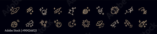 Doodle outer space cosmic icons set. Planets, constellation, spacecraft, rocket hand drawn linear illustration. Falling stars and comets. Alien ship. Astronomy science and astrology concept.