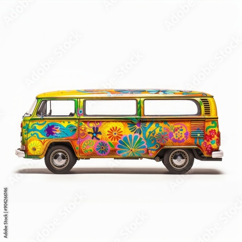 Medium shot of Hippie bus, isolated on a white background, bright and vivid tonality 