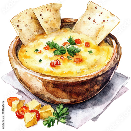 Queso Fundido Melted cheese dip clip art watercolor illustration isolated on the white background