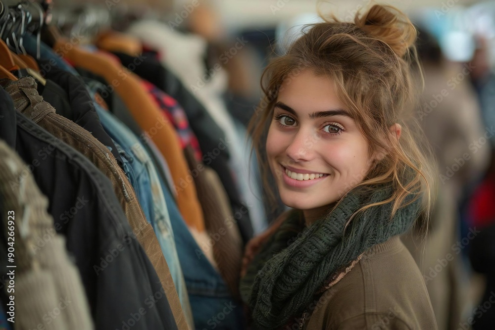 Young Woman Joyfully Browsing Clothes in Store Young Woman Joyfully Browsing Clothes in Store