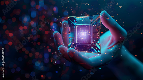 futuristic digital semiconductor in human hand, advanced technology innovation visual, artificial intelligence concept, glowing microchip display, high-tech atmosphere,...