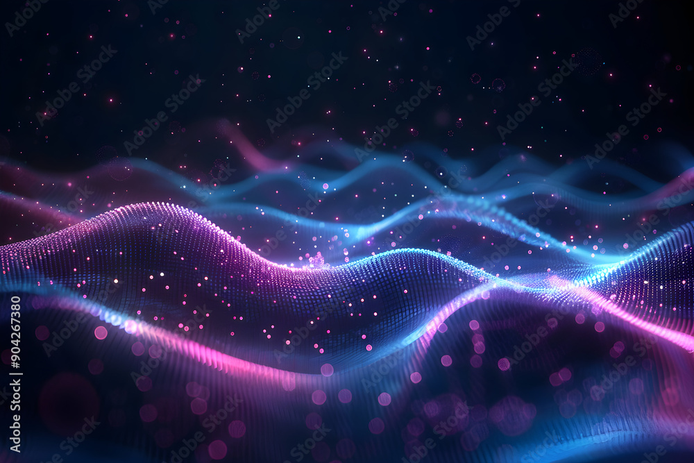 Obraz premium futuristic digital abstract background, wave particles, neon colors, blue, pink, glowing dots, science and technology concepts, innovation themes, high-tech style, dynamic movement, vibrant energy,...