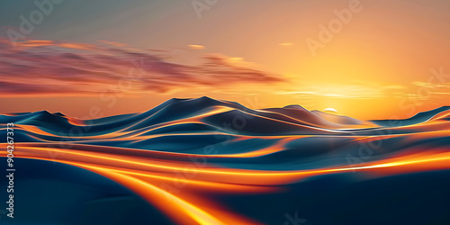 abstract golden sunset desert background, soft undulating sand dunes, warm hues, high emotional impact, ideal for travel and relaxation themes, copy space available, digitally generated landscape,...