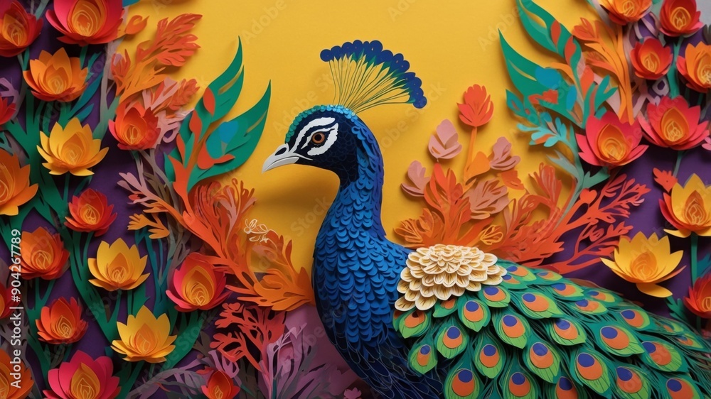 Fototapeta premium Vibrant peacock, a stunning display of nature's beauty, showcasing the colorful plumage and elegant presence of this majestic, a symbol of grace and elegance.
