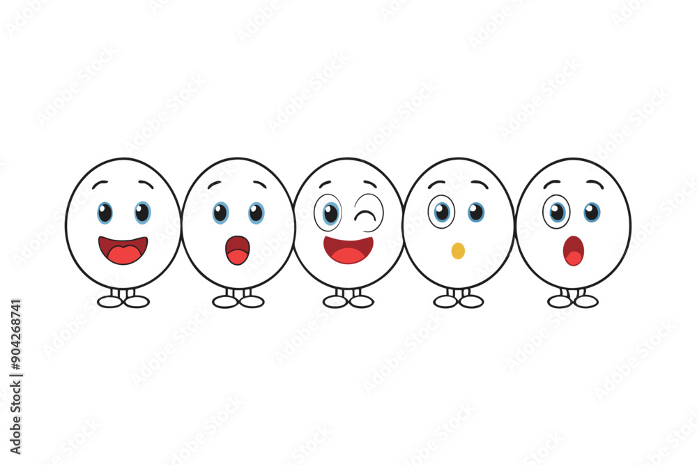 Five white cartoon egg characters with different facial expressions Five white cartoon egg characters with different facial expressions