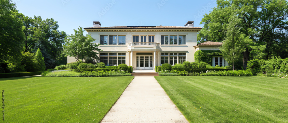 Beautiful estate near garden, French Eclectic, steeply pitched roof, colorful blossoms Beautiful estate near garden, French Eclectic, steeply pitched roof, colorful blossoms