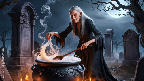 Scary witch wart potion at night in the cemetery