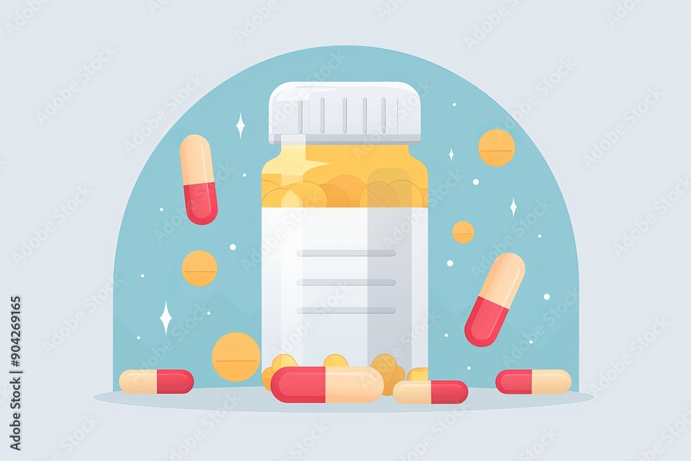 An illustration of a large pill bottle surrounded by scattered capsules highlighting the significance of medication in modern healthcare with a clean and minimalist style. An illustration of a large pill bottle surrounded by scattered capsules highlighting the significance of medication in modern healthcare with a clean and minimalist style.
