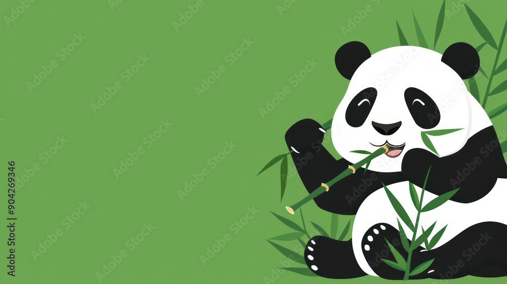 Naklejka premium Adorable Panda Eating Bamboo in Green Forest.